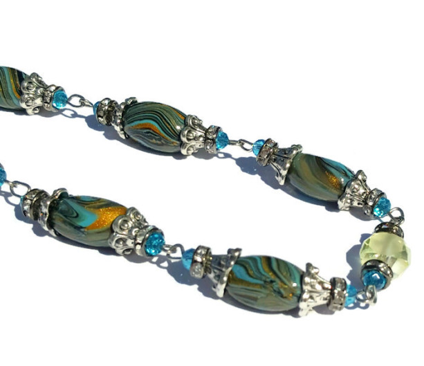 Blue Gold Turquoise Handmade clay beads with accents and matching earrings