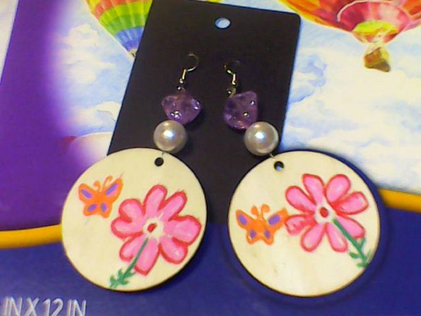 Hand Painted Wood flower, and butterfly earrings.