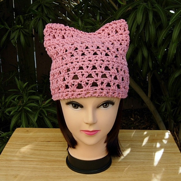 Light Rose Pink Pussy Cat Hat, 100% Cotton Summer PussyHat, Lightweight Lace Crochet Knit Solid Pink Thin Beanie, Resist, Ready to Ship in 3 Days