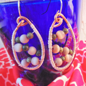 Drop Earrings, Wire Wrapped, Copper and Sterling Silver with Lavender Cat's Eye and Russian Serpentine