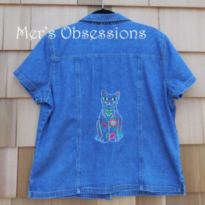 Women's Denim Shirt with Embroidered Mexican Style Floral Cat