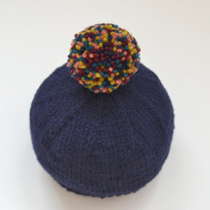 Navy hand knit baby hat -- handmade newborn hat with pompom