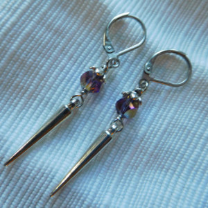 Small Dangling cone spike earrings, purple crystals with stainless steel leverback earrings. #E00317