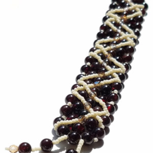 Garnet Cuff Bracelet: Garnet, Czech Crystals, and Cream Japanese Seed Beads