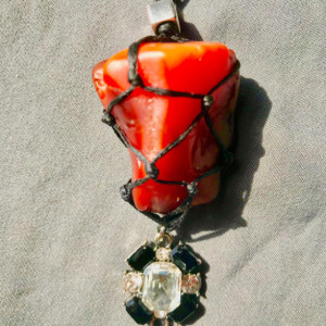 CARNELIAN with DRUZY Crystal Healing Necklace with a Black and Clear Rhinestone Jewel