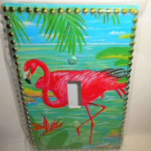 Handcrafted Decorative Flamingo Design Single JUMBO Size Light Switchplate Cover with Raised Gold tone Edge Trimming(BL)