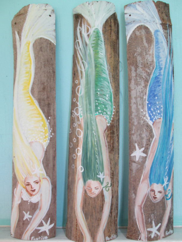 3 Diving Mermaids Original Painting- Fantasy beach Decor- Home Decor- Mermaid Gift Sets