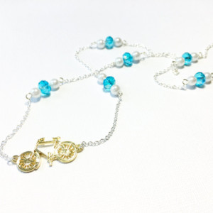 Gold Bicycle with Blue Crystal Silver Necklace