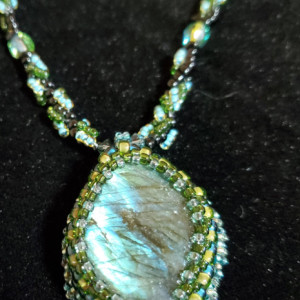 Labradorite in Glass Bead Bezel on Woven Bead Necklace, ID - 266