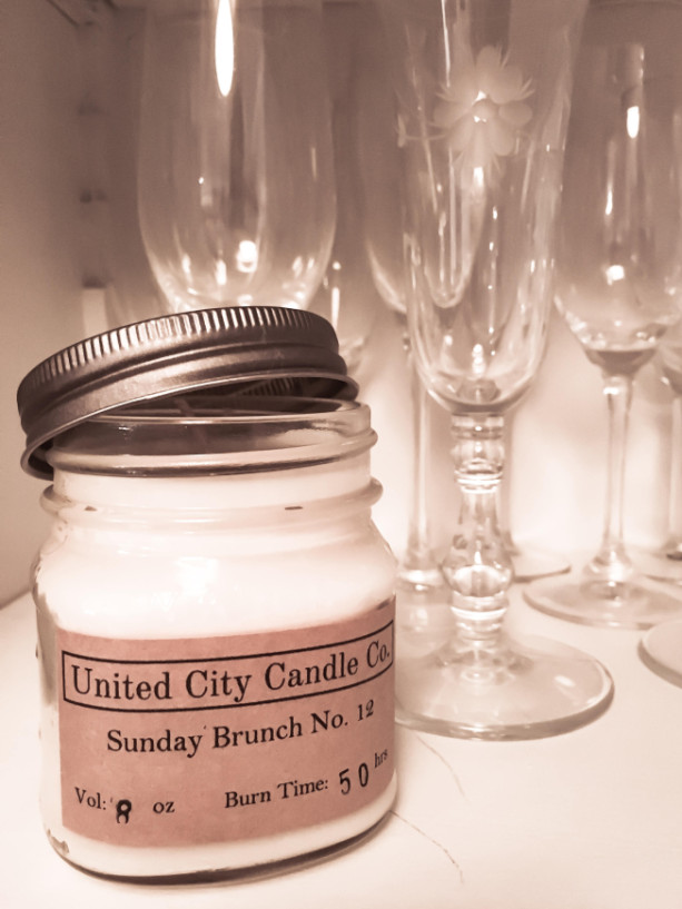 Sunday Brunch No. 12 --Great friends, great place: Bellini please! 100% soy candle. United City Candle Co.Made in USA