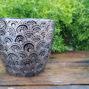 Black Ceramic Pot with Beautiful Silver Hand-Drawn Design