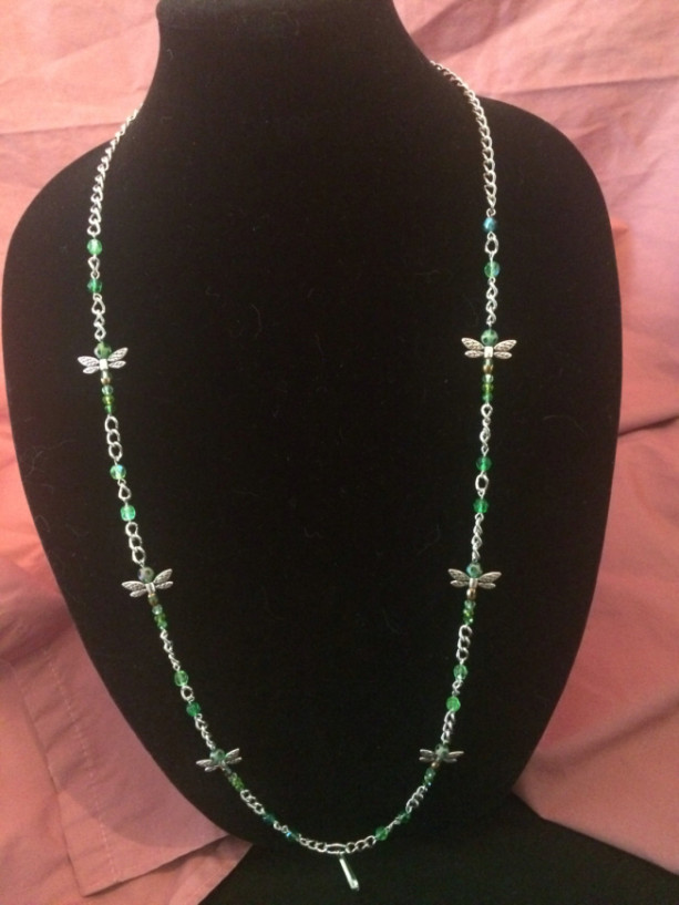 20" Green Dragonfly Glass Beaded Necklace Lanyard ID Badge Silver Chain
