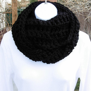 INFINITY SCARF Loop Cowl Solid Black Extra Soft Warm Bulky Crochet Knit Winter Circle Ring Eternity 100% Acrylic..Ready to Ship in 3 Days