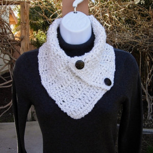 Women's Lightweight Winter Neck Warmer Scarf, Extra Soft Acrylic Solid White Buttoned Cowl with Two Brown Wood Buttons, Ships in 3 Biz Days