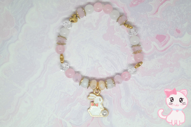 Handmade Dainty White and Pink Beaded Bunny Custom Charm Bracelet Cute Kawaii