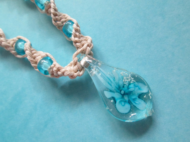 Handmade Natural Hemp Necklace with Awesome Blue Glass Flower Pendant and Matching Blue Glass Beads- Hemp Flower Necklace