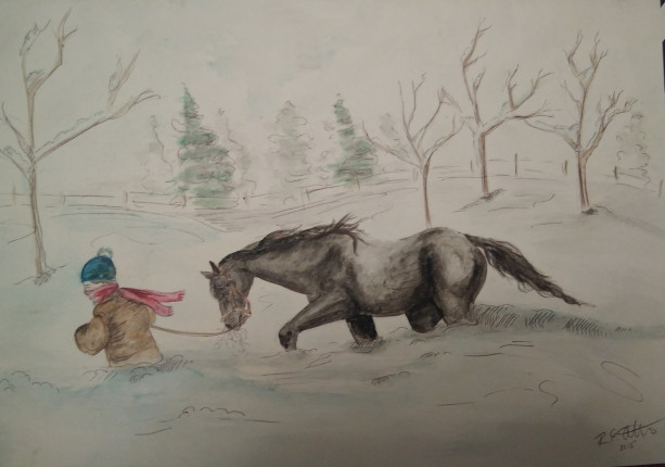 Horse and Man in Blizzard