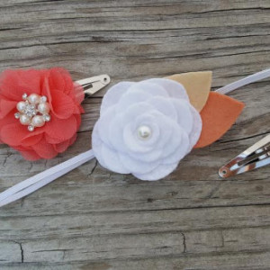Set of 3 - Autumn White Wool Felt Flower Headband, Coral Snap Clip, Pearl Snap Clip