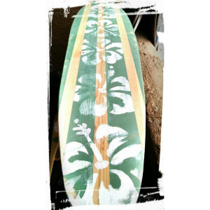 Distressed - Hibiscus - Hanging Wall Surf Board Sign - green