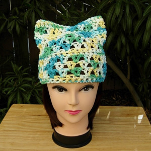 Women's Earth Day Pussy Cat Hat Green Blue Yellow White PussyHat Summer 100% Cotton Lightweight Women's Crochet Knit Beanie, Ready to Ship in 3 Days