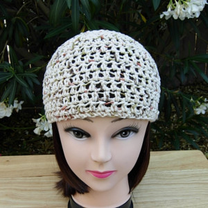 Light Natural Brown Summer Beanie, 100% Cotton Lacy Skull Cap Women's Crochet Knit Lightweight Hat, Beige Chemo Cap, Ready to Ship in 3 Days