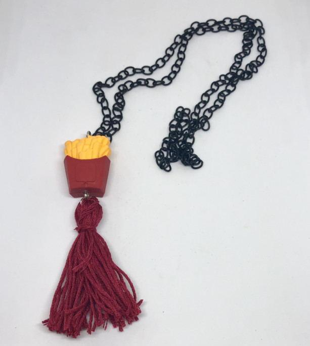 Upcycled French Fries Box Eraser Toy with Tassel Necklace - French Fry Jewelry - Tassel Necklace - Upcycled Toy Necklace - Red Fast Food