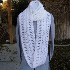 Solid White Infinity Loop Cowl Scarf, Pure White, Extra Soft & Warm Long Bulky 100% Acrylic Crochet Knit Winter Circle Wrap, Chunky Cowl..Ready to Ship in 5 Days