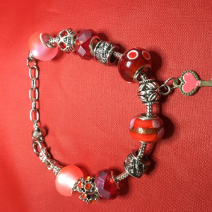 Red European Charm Bracelet with Red Heart Key Charm