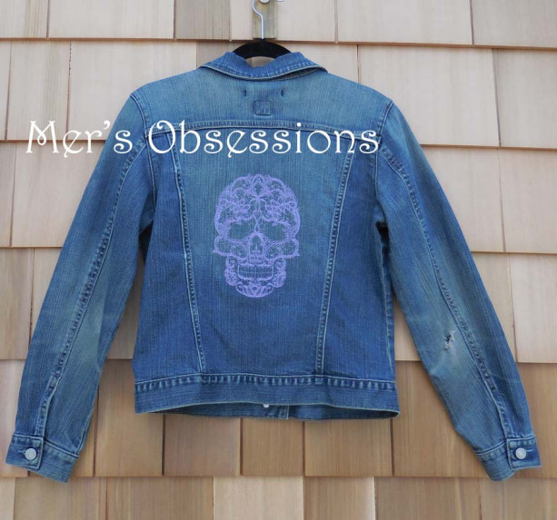 Women's Denim Jacket with Embroidered Lacy Skull
