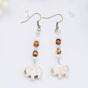 Boho bohemian earrings/White reconstituted stone elephant/Amber swirl glass/Mother of pearl light gray shell/Under 20 dollars/Nickel free