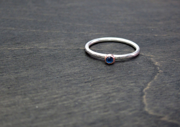 Size 7.5 Ready to Ship Recycled 14k Rose Gold & Sterling Silver Dapple Hammered 3mm Blue Sapphire Alternative Engagement Ring 1.5mm band