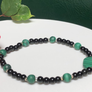 Ladies Health Protection -  Malachite Black Agate 925 Sterling Silver Bracelet |  Protection  |  Health Injury | Heart  Throat Chakra 