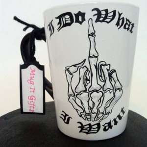 I Do What I Want Skeleton Middle Finger Hand Painted 14 oz Ceramic Coffee Mug Cup