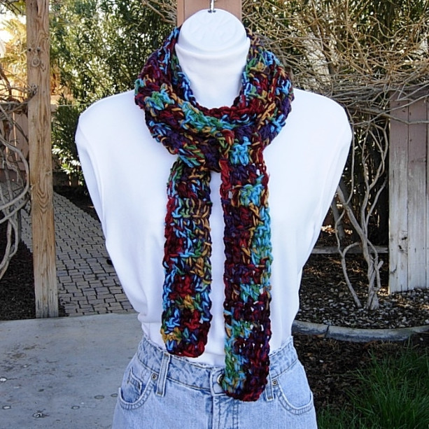 Women's Colorful Extra Long Skinny Scarf, Red Burgundy Gold Green Purple Turquoise Blue, Soft Thick Handmade Crochet Knit Narrow, Ready to Ship in 3 Days