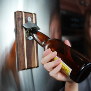 Bottle Opener Magnetic Cap Catcher - Handcrafted Cherry Wood with Antique Bronze Opener - Custom Text/Logo/Design