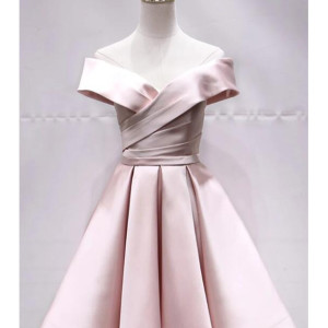 Pink Satin V Neck Short Off Shoulder Prom Dress, Pink Bridesmaid Dress