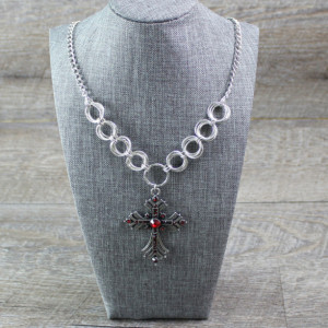 Pewter Cross with Red Accents on a Spiral Rosette Chainmaille Necklace