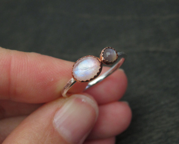 Ready to Ship  Size 8.5 Mixed Metal Recycled Sterling Silver and Copper Rainbow Moonstone and Grey Moonstone Ring