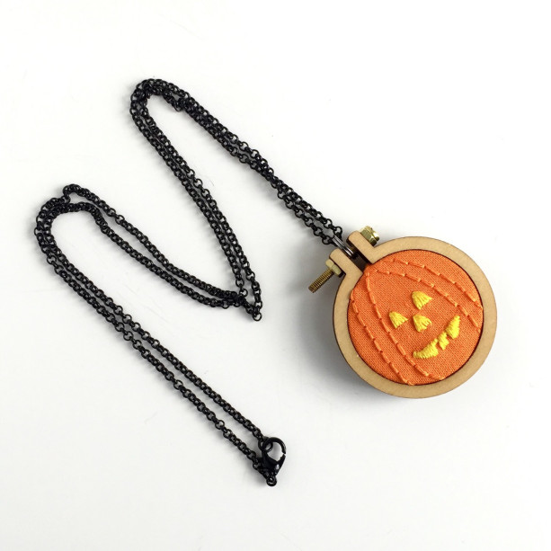 Pumpkin Embroidery Necklace-Pumpkin Necklace-Jack-o-Lantern Necklace-Halloween Necklace-Jack-o-Lantern Embroidery-Halloween Embroidery