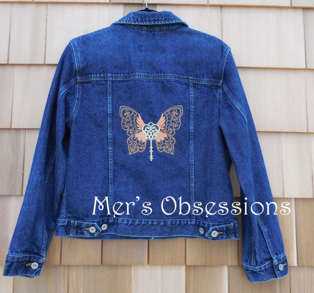 Women's Denim Jacket with Embroidered Steampunk Butterfly Wing