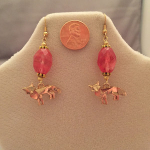 14K Gold Plated Findings and Strawberry Quartz Dangle Earrings With Foxes
