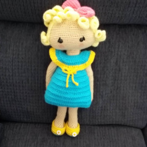 Hand crocheted Veronica Doll - Dress and undress doll.  Blonde Curly Hair - Turquoise/Yellow Dress
