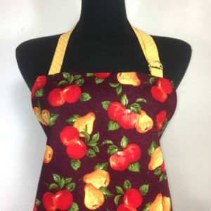 Ruffled Kitchen Apron for Women, Apples and Pears on Plum with Yellow trim, Retro Decor