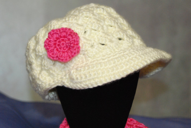 Adult/Teen Crochet Hat, Beanie with Brim with Flower, Scarf 
