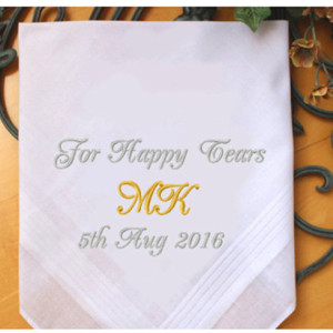 Embroidered Happy Tears Handkerchief, Customized personalised personalized Hankies Wedding Gift