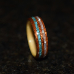 Hand Made ( Bentwood Method ) Beech and Spanish Cedar double inlayed Turquiose and Mother of Pearl Wooden Ring