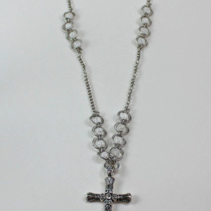 Large Silver Cross and Beaded Spiral Chainmaille Necklace