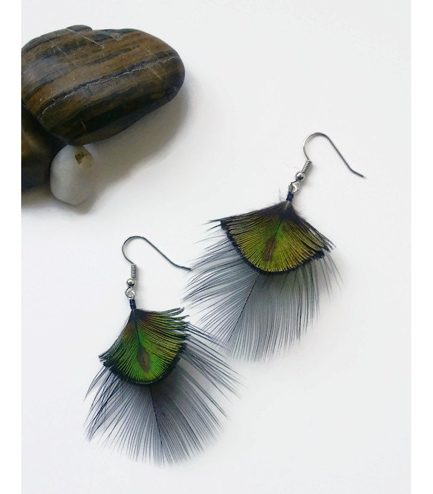 Short Peacock Feather Earrings - Natural Feather Earrings - Iridescent Earrings 