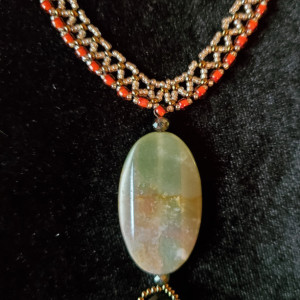 Necklace/Earrings - Indian Agate on Woven Glass Bead Straps, ID - 278