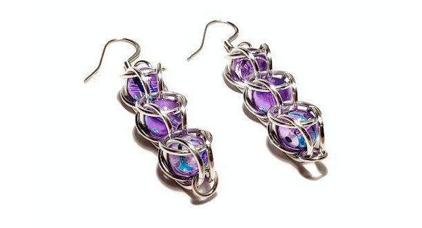 Purple dangle earrings chainmaille captured bead
